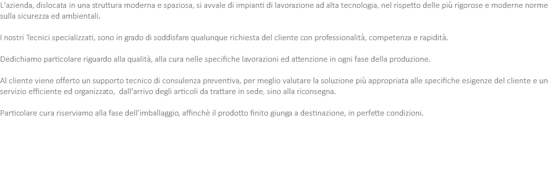 L'azienda, dislocata in una struttura moderna e spaziosa, si avvale di impianti di lavorazione ad alta tecnologia, nel rispetto delle più rigorose e moderne norme sulla sicurezza ed ambientali. I nostri Tecnici specializzati, sono in grado di soddisfare qualunque richiesta del cliente con professionalità, competenza e rapidità. Dedichiamo particolare riguardo alla qualità, alla cura nelle specifiche lavorazioni ed attenzione in ogni fase della produzione. Al cliente viene offerto un supporto tecnico di consulenza preventiva, per meglio valutare la soluzione più appropriata alle specifiche esigenze del cliente e un servizio efficiente ed organizzato, dall'arrivo degli articoli da trattare in sede, sino alla riconsegna. Particolare cura riserviamo alla fase dell’imballaggio, affinchè il prodotto finito giunga a destinazione, in perfette condizioni.